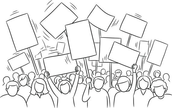 Crowd of diverse people holding blank signs and banners at a protest or demonstration event