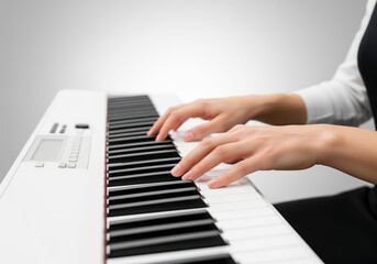 Fototapeta premium Close up of woman hands playing white digital piano keyboard keys music performance.