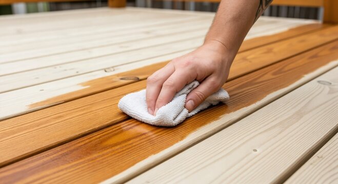 Close-up of a person's hand applying wood stain or protective oil to a new outdoor wooden deck with a white cloth, showing the before and after effect of the treatment.