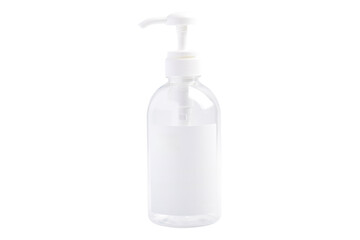 Pump bottle of transparent liquid soap isolated on white background.
