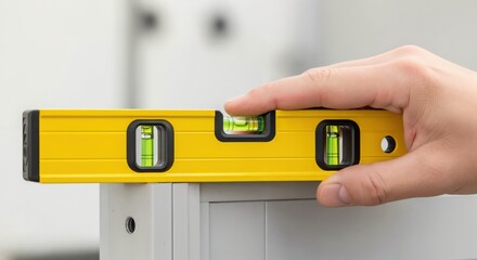 Close-up of a person's hand holding a bright yellow spirit level with green bubbles, ensuring perfect horizontal alignment on a grey surface for a home improvement task.