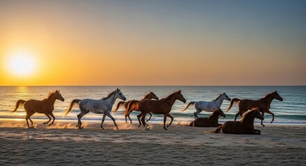 Majestic Horses Galloping and Resting on a Golden Beach at Sunset, with Warm Light and Tranquil Ocean