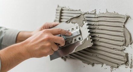 Skilled craftsman's hands preparing a wall surface by spreading adhesive with a notched trowel for ceramic tile fitting