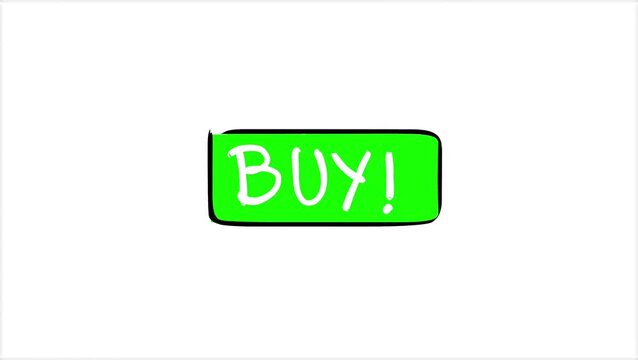 Animated green 'BUY!' button with a hand-drawn, bouncy, and clickable effect