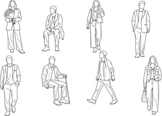 Abstract minimalist line art illustration of diverse people in various poses against a clean white background