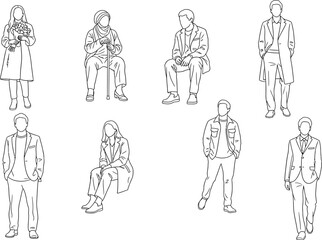 Collection of eight stylized line art illustrations of diverse people in casual clothing standing and sitting poses
