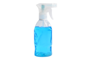 Blue cleaning spray in clear bottle isolated on white background.