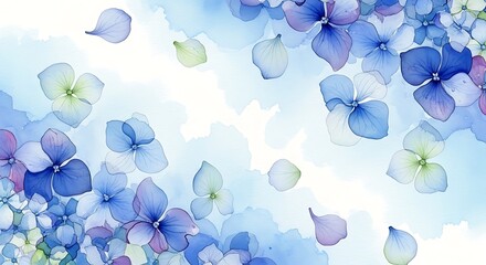 Watercolor painting of blue and purple hydrangea flowers with petals falling