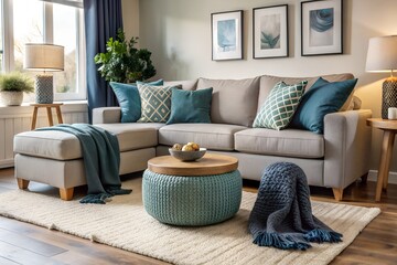 Fototapeta premium Cozy and inviting sectional sofa with plush throw pillows and blankets in a modern living room with natural light and elegant decor