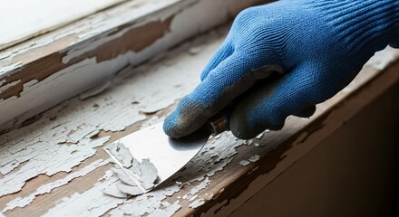 Close-up of a gloved hand scraping old white paint from a wooden window sill during home renovation