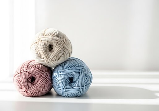Three balls of yarn stacked together in soft light