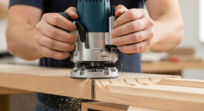 Close-up of a skilled male carpenter's hands operating a woodworking router to precisely shape and carve a decorative edge on a wooden plank in a workshop.