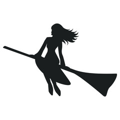 Silhouette of a witch flying on a broomstick. Vector illustration for Walpurgis Night or Halloween decor.