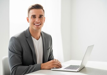 Professional young man in business casual attire smiling while working on laptop