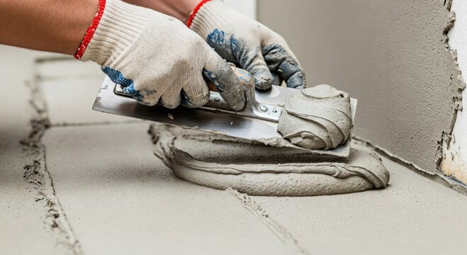 Close-up of a worker's hands in protective gloves using a metal trowel to spread fresh cement mortar on a floor during construction or renovation.