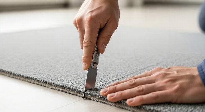 Detailed close-up of a person's hands using a sharp utility knife to precisely cut and trim new grey carpet during home flooring installation. - Powered by Adobe