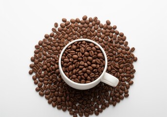 Premium roasted coffee beans filling a white ceramic mug on a bright studio background