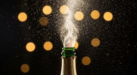 Celebrate success with popping champagne against a warm, festive background, perfect for New Year's Eve promotions, luxurious events, and celebratory milestones