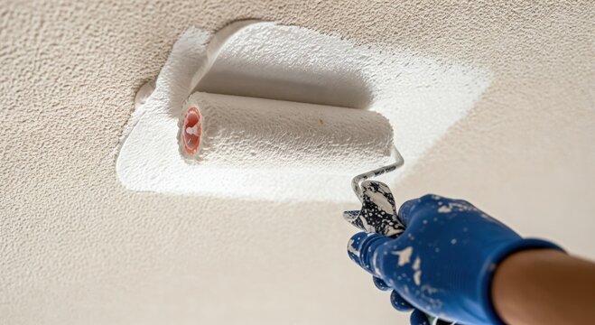 Close-up of a person's gloved hand using a paint roller to apply fresh white paint to a textured ceiling during home renovation.