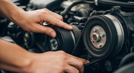 Close-up of a mechanic's hands inspecting and adjusting the serpentine belt and pulleys of a car engine during maintenance or repair.