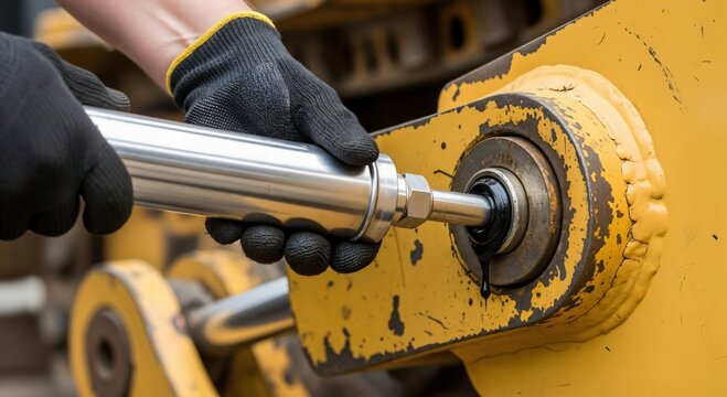 Mechanic's gloved hands working on a hydraulic cylinder of heavy construction equipment, performing maintenance or repair on industrial machinery