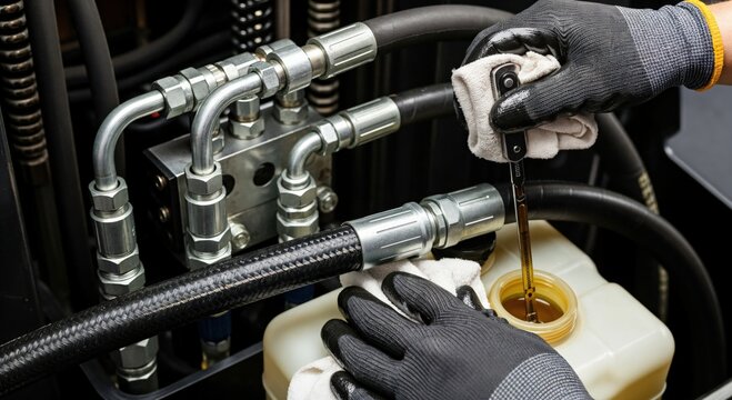 Gloved hands of a technician checking the hydraulic fluid level in a machinery reservoir during routine maintenance and inspection