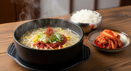 Steaming Hot Korean Bean Sprout Soup (Kongnamul-guk) with Rice and Kimchi on a Rustic Wooden Table