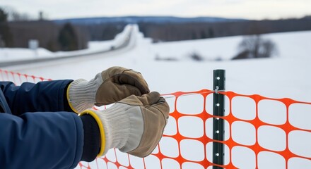 Close-up of hands wearing work gloves attaching an orange plastic safety fence to a metal post in a snowy winter landscape