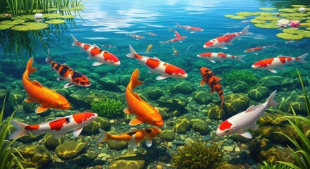 Vibrant Koi Fish and Water Lilies in a Clear Pond, with Underwater Rocks and Aquatic Plants creating a Serene Natural Habitat