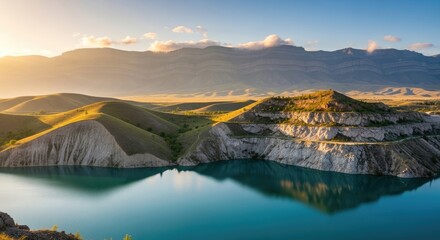 Tranquil Turquoise Lake Reflecting Golden Sunset Over Layered Mountains and Rolling Hills