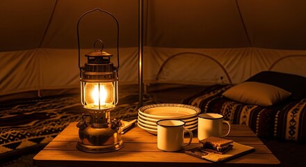 Cozy camping tent interior at night with a warm glowing lantern, 'mores, camping mugs, and stacked plates on a wooden table, creating an inviting and comfortable outdoor experience.