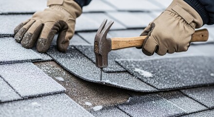 Close-up of a worker's gloved hands using a hammer to repair or install frosted asphalt roof shingles during cold weather