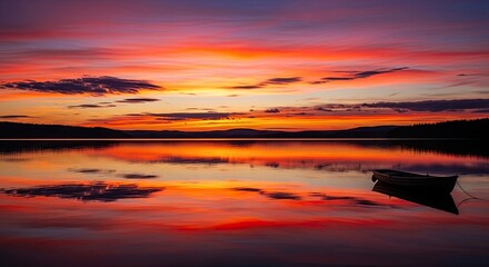 Vibrant Sunset Reflections over a Serene Lake with a Solitary Boat, featuring Dramatic and Purple Skies