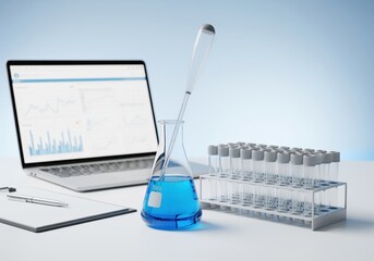 Scientific research desk with chemical flask containing blue fluid, test tubes, and data laptop