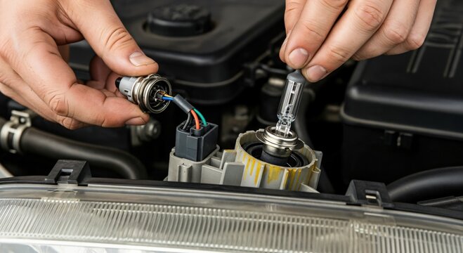 Close-up of a person's hands replacing a halogen headlight bulb in a car's engine bay, performing maintenance or repair.