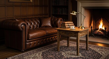 Cozy and Luxurious Traditional Living Room with Leather Chesterfield Sofa, Lit Fireplace, Antique Books, and Warm Ambient Lighting for a Relaxing Evening