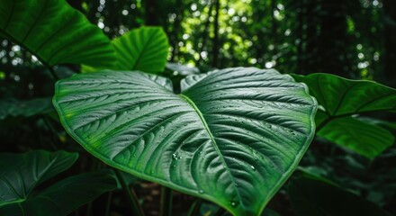 Vibrant Green Tropical Leaf with Water Droplets in Lush Forest with Bokeh Background