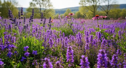 Vibrant Purple Flowers and Pink Coneflowers Blooming in a Sunny Meadow with Lush Green Trees and Hazy Mountains