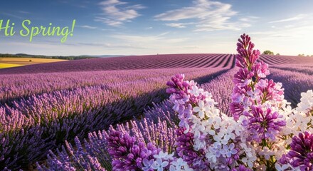 Hi Spring! Vibrant Lavender Fields and Blooming Lilacs in a Beautiful Sunny Landscape