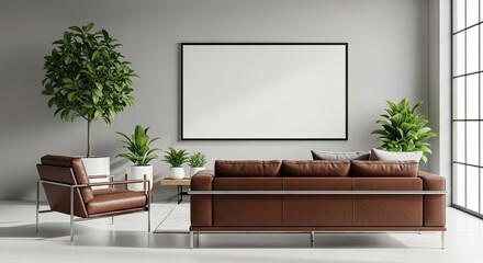 Modern Minimalist Living Room Interior with Brown Leather Furniture, Indoor Plants, and Blank Picture Frame