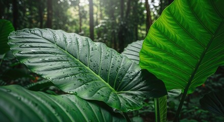 Vibrant green tropical leaves with glistening water droplets in a lush rainforest, illuminated by soft natural light filtering through the dense canopy