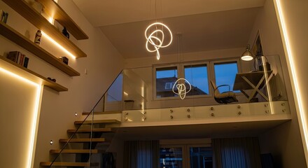 Modern interior with warm ambient LED lighting, abstract pendant lights, floating wooden shelves, and glass staircase leading to a contemporary loft office space.