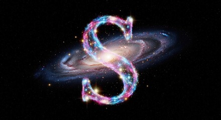 Vibrant, Sparkling Letter S Formed from Cosmic Dust and Stars Against a Majestic Spiral Galaxy in Deep Space
