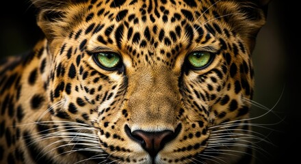 Intense Close-up Portrait of a Majestic Leopard' Face with Piercing Green Eyes and Beautifully Patterned Fur