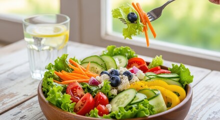 Vibrant and Healthy Fresh Salad Bowl with Mixed Greens, Vegetables, Blueberries, and Feta, Served with Lemon Water on a Rustic Wooden Table by a Bright Window