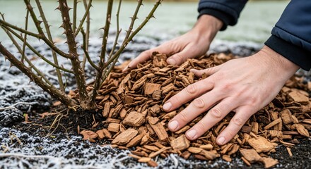 Close-up of a gardener's hands applying wood chip mulch to a rose bush for winter protection in a frosty garden