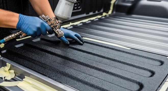 Worker applying durable black protective spray-on bedliner coating to a pickup truck bed for enhanced vehicle protection and rugged finish