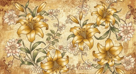 Elegant Floral Illustration with Golden Lilies, Delicate Blooms, and Botanical Elements on a Distressed Grungy Gold and Brown Textured Background