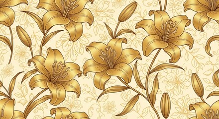 Luxurious Seamless Pattern with Golden Lilies, Elegant Hand-Drawn Botanical Illustration on a Cream Background for Decorative and Graphic Design Projects