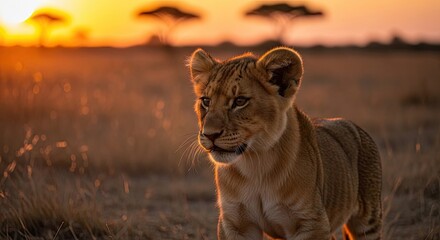 Majestic Lion Cub Bathed in Golden Sunset Light on the African Savanna with Acacia Trees in the Background